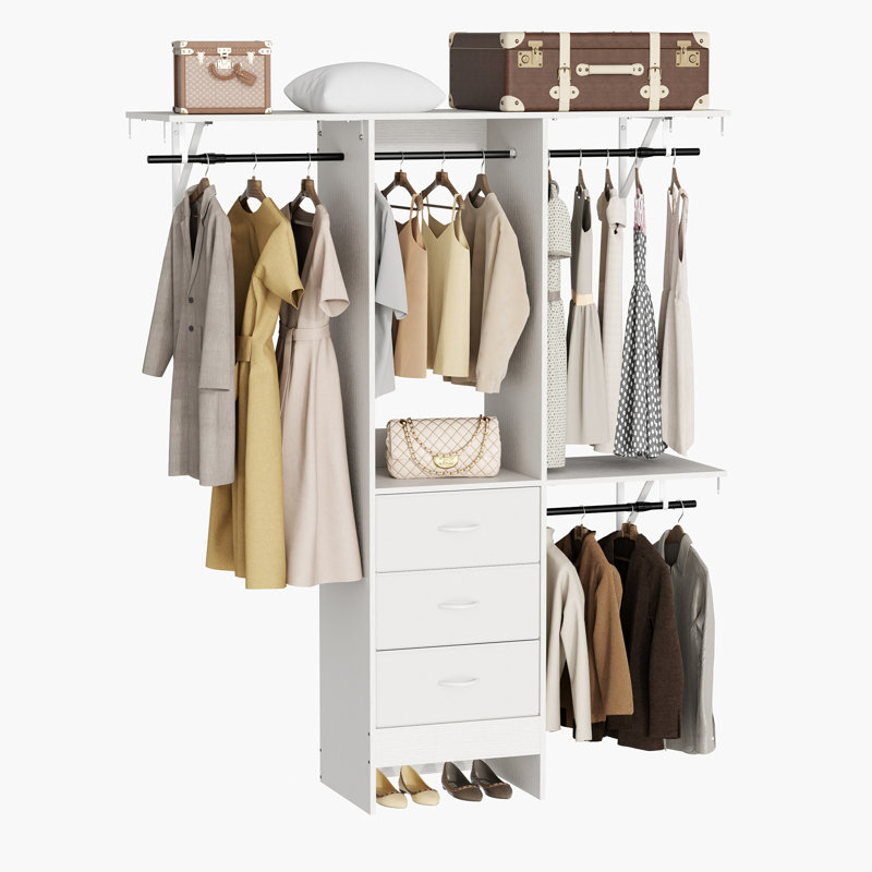 Système de placard réglable en bois jusqu'à l 59 po avec rangement et tiroirs en tissu, Blanc