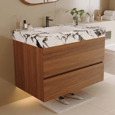 29.9" Modern Floating Bathroom Vanity With Faux Marble Top And Ceramic Undermount Sink, Wall-mounted For Small Bathrooms And Apartments