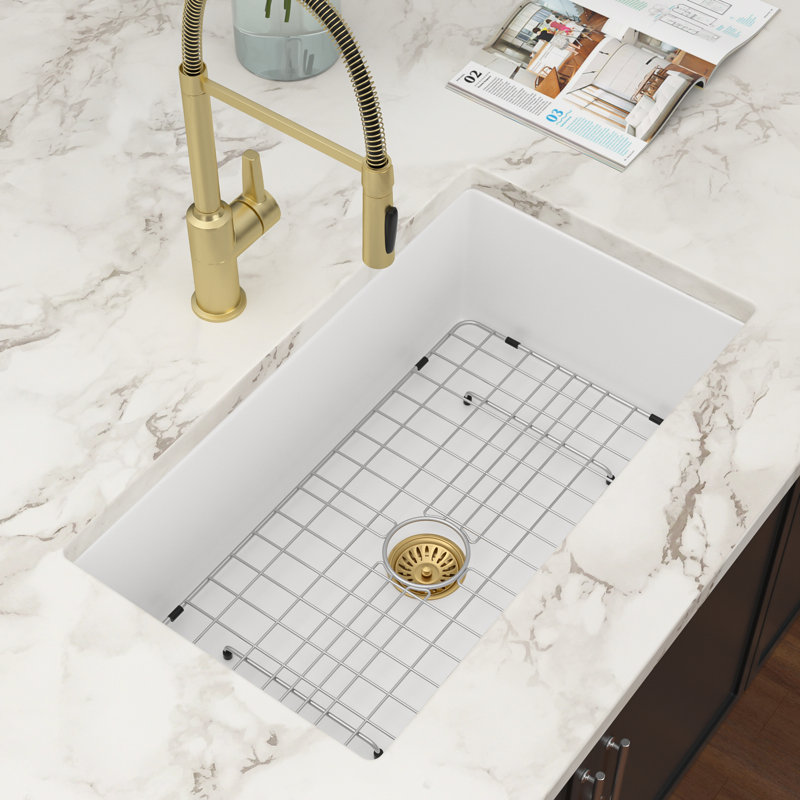 Évier de cuisine 32 po x 19 po à cuve simple encastrée en céramique blanche avec grille inférieure, support à roulettes, crépine