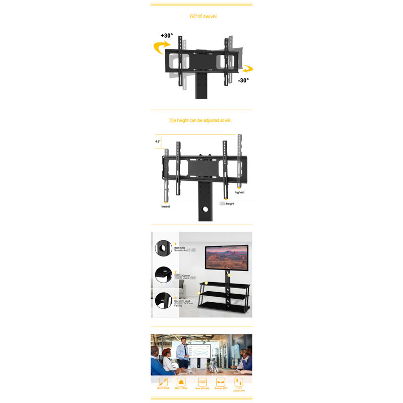 Support TV en verre trempé noir avec pivot et réglage en hauteur pour téléviseurs de 32 à 65 pouces - Pratique et réglable - Optimisation de l'espace