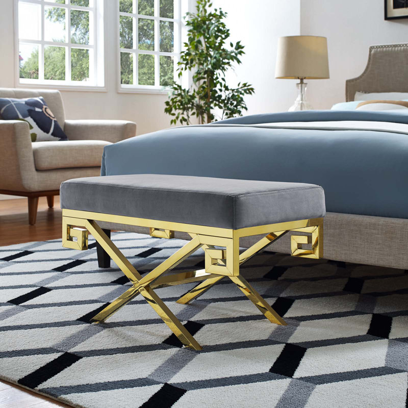 Gray Velvet Upholstered Bench with Gold Stainless Steel Base