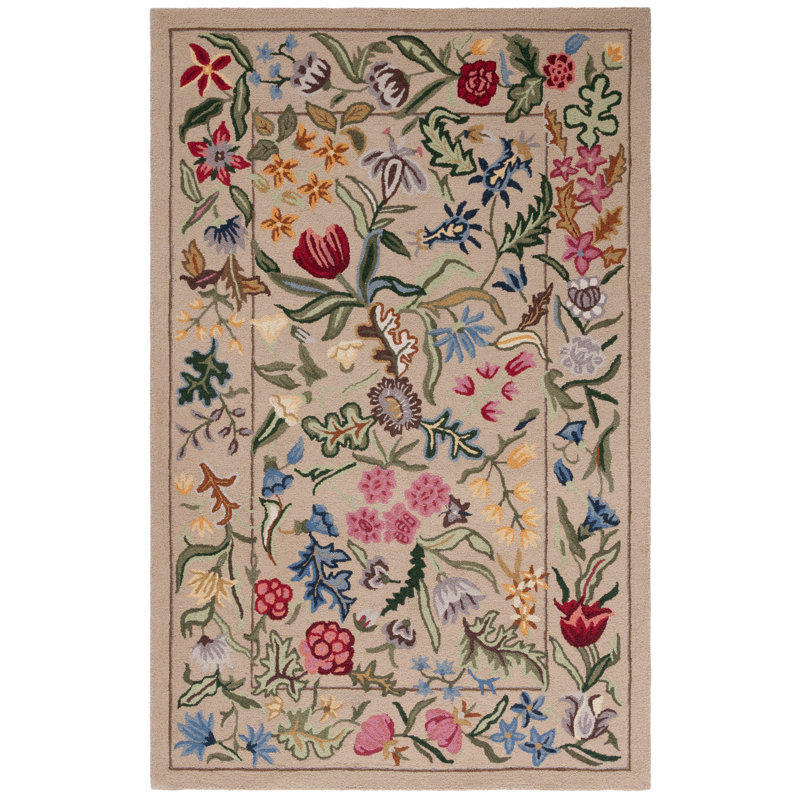 Tapis floral en laine touffeté à la main Lounes, Rectangle 3 pi 9 po x 5 pi 9 po