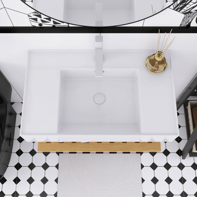 Meuble-lavabo mural, lavabo intégré rectangulaire en acrylique blanc, tablette rayée.