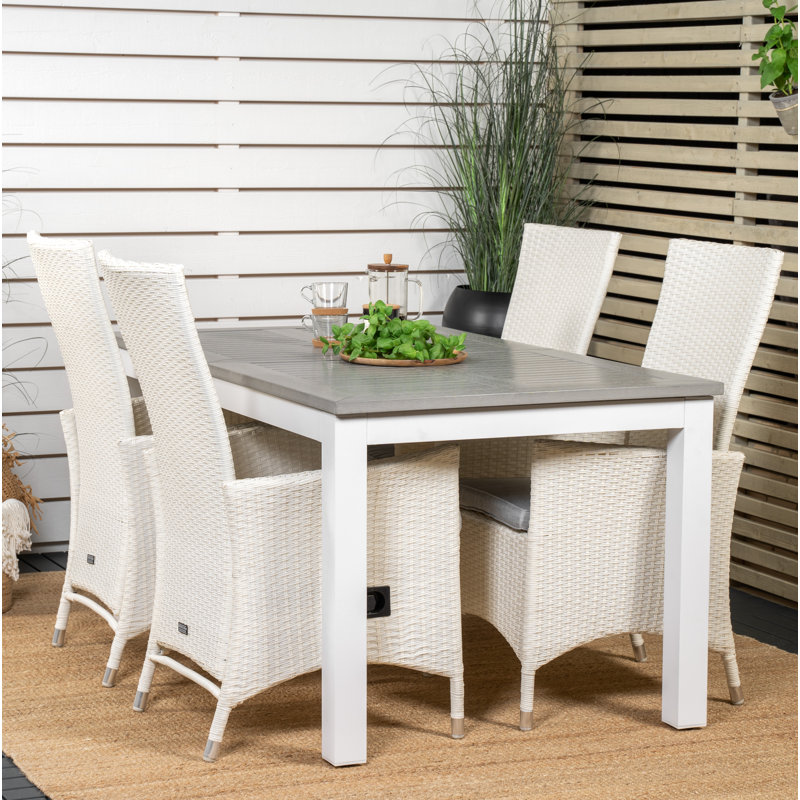 Jayesh 4 - Person Patio Dining Set with Extendable Rectangular Table , Cushions Included, White, 75cm H x 160cm L x 90cm W