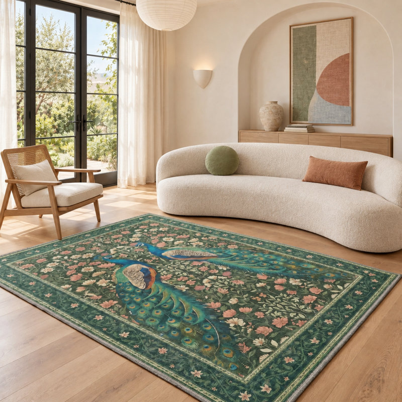 Tapis vert lavable à la machine Vintage Peacock Botanical, tapis anti-dérapant floral pour salon, Rectangle 5 pi x 7 pi