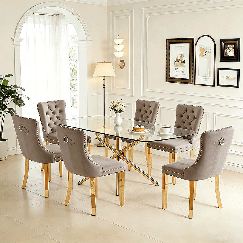 Ensemble de table de salle à manger 71 ", ensemble de table de salle à manger moderne avec plateau en verre trempé, chaises en velours et pieds en métal doré
