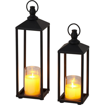 17" 13" Lanterns Decorative Outdoor & Indoor, Set of 2 Modern Metal Black Lantern with Flameless LED Candles, Halloween & Christmas Decorative Lanterns for Home, Mantle, Patio, Porch, Garden, Floor