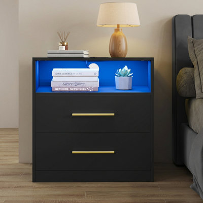 Nightstand With Charging Station, Led Lights,  2 Ac Outlets Usb Ports