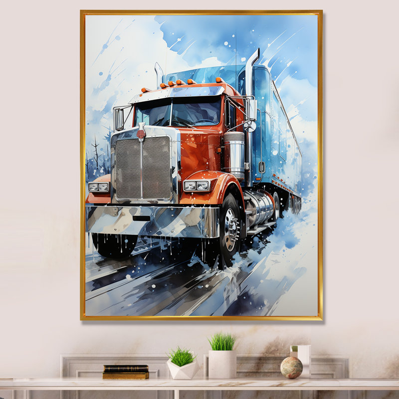 «Red Semi Truck In Winter I», art mural sur toile, H 20 po x l 12 po x P 1 po, Cadre flottant doré