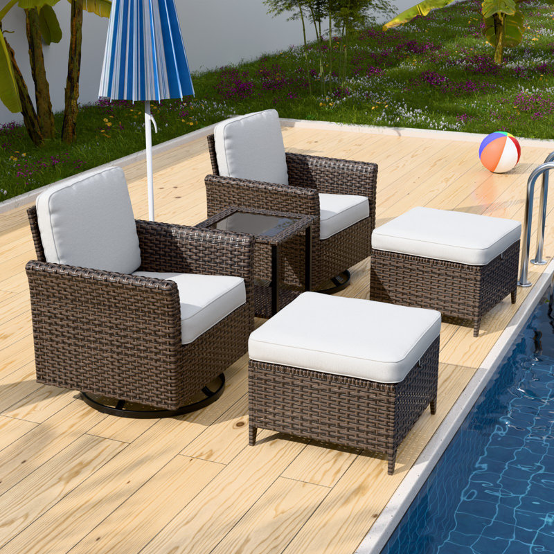 5-Piece Beige Cushioned Brown Wicker Outdoor Conversation Set