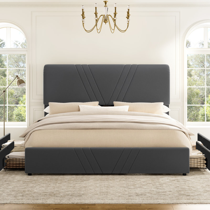 Upholstered King Bed Frame with 4 Storage Drawers and 51" Tall Velvet Headboard,No Box Spring Needed,Easy Assembly, Gray