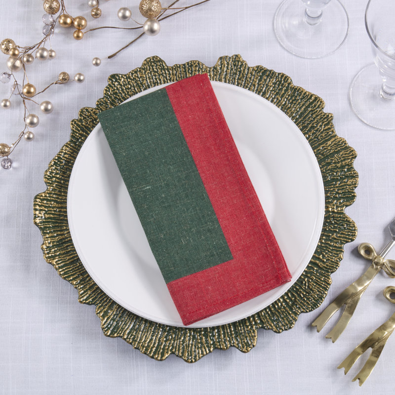 Serviettes de table en tissu Color Block (ensemble de 4) - Serviettes de table en mélange de lin, Green