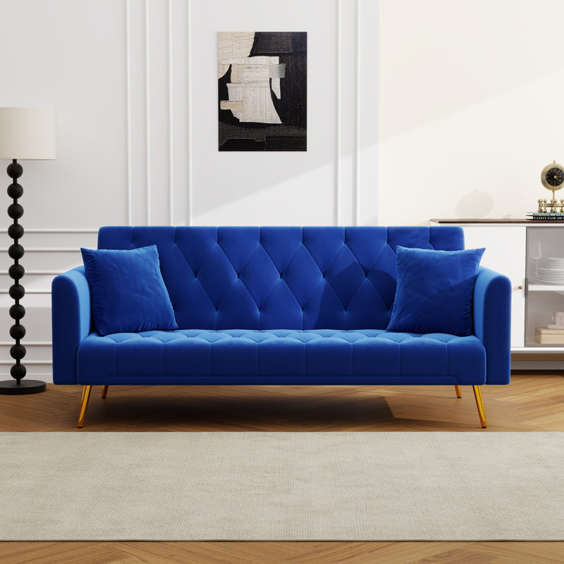71" Modern Velvet Sofa Bed Futon, Convertible Sleeper Couch With Adjustable Backrest, Tufted Recliner Loveseat With Golden Chrome Legs & 2 Pillows For Small Spaces, Living Room, Apartment