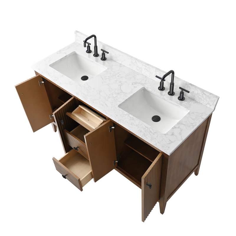 Ensemble de meuble-lavabo double 60 po, Noyer linéaire, Noir mat