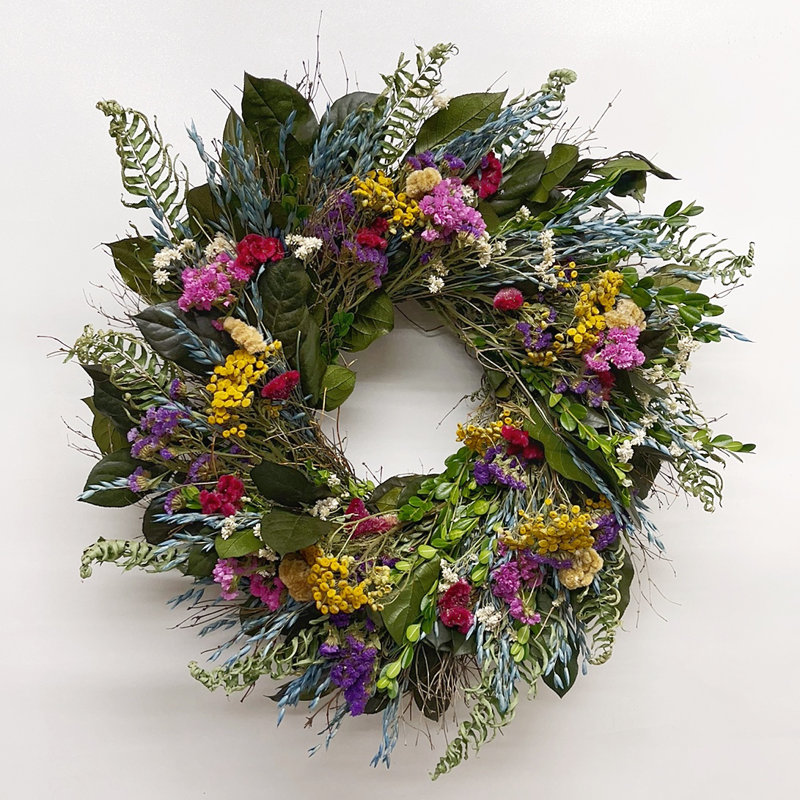 Preserved and Dried Flowers Green Leaves, Fern, Celosia, Blue Avena, and Colorful Wildflowers Spring Summer Wreath