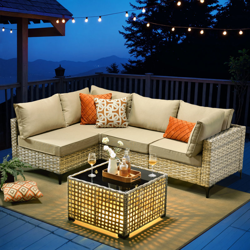 Emroy 4 - Person Outdoor Wicker Sectional Seating Group with Lighted Coffee Table, Modern Modular Rattan Conversation Set with Cushions