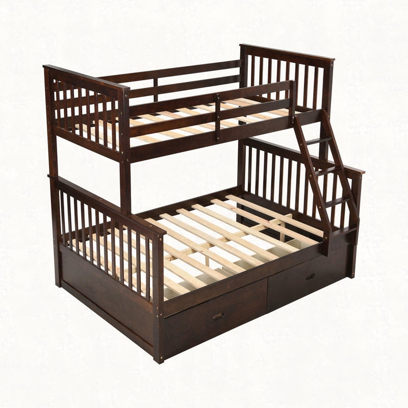 Lit simple superposé au dessus d'un lit double avec tiroirs de rangement, lit superposé en bois avec échelle et garde-corps