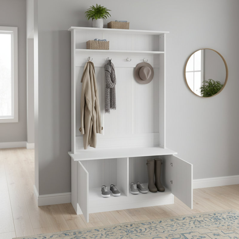 Classic Multi-Use Coat Rack With Bench, White, Built-In Seating & Abundant Storage, White
