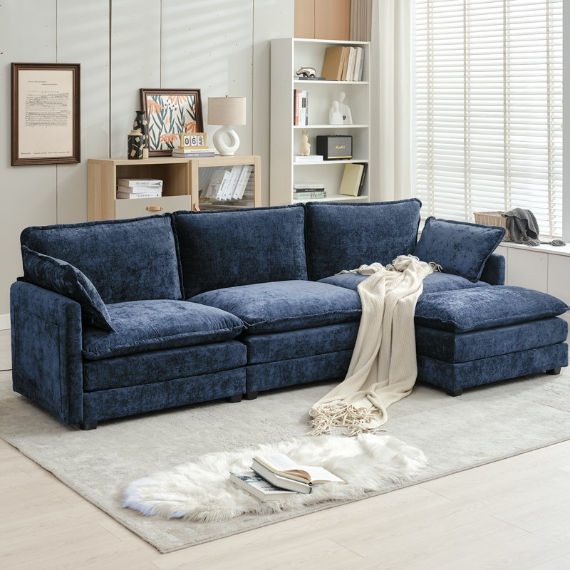 4 Piece Upholstered L Shaped Sectional Sofa, Blue Chenille