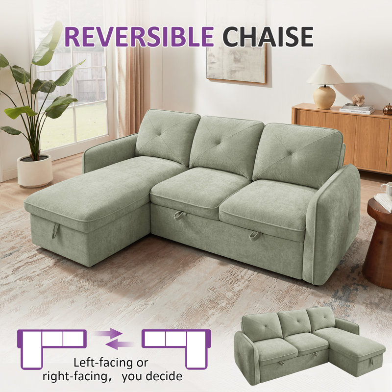 90.9'' L-Shaped Pull-Out Sofa Bed, Green Polyester
