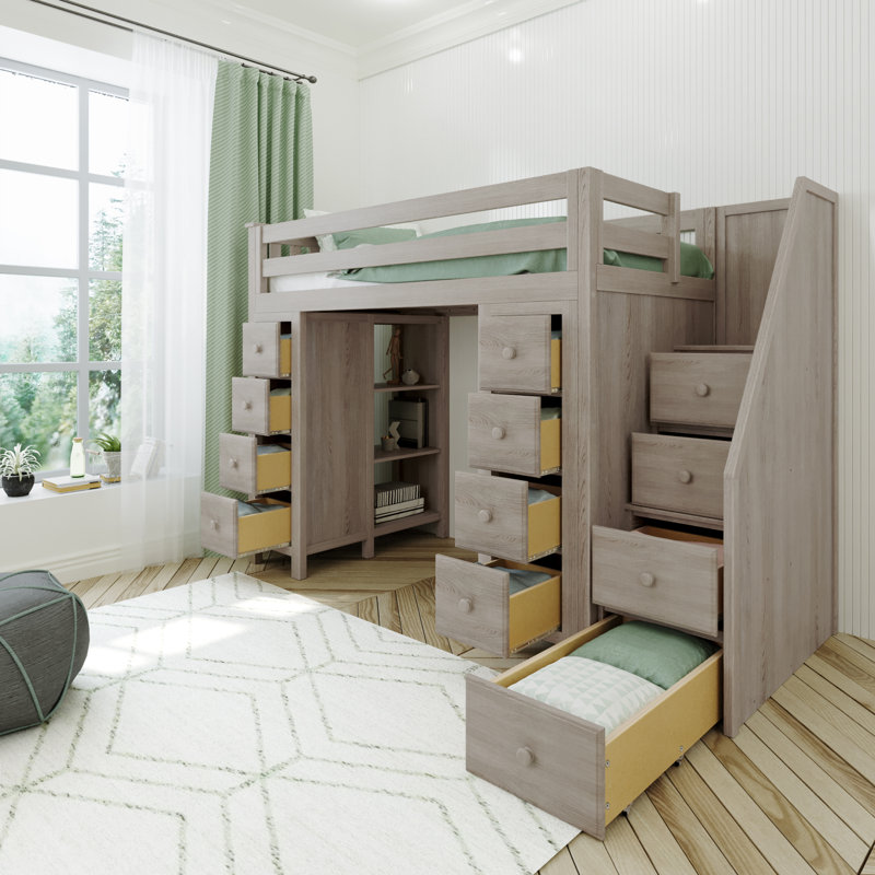 Gannon Kids Twin Loft Bed with Drawers, Stone