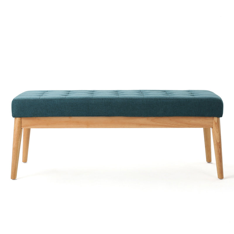 Elegant Teal Bench, Upholstered With Quality Fabric And Birch Leg Foundation Streamlined Seat Wood Frame Textured Cover