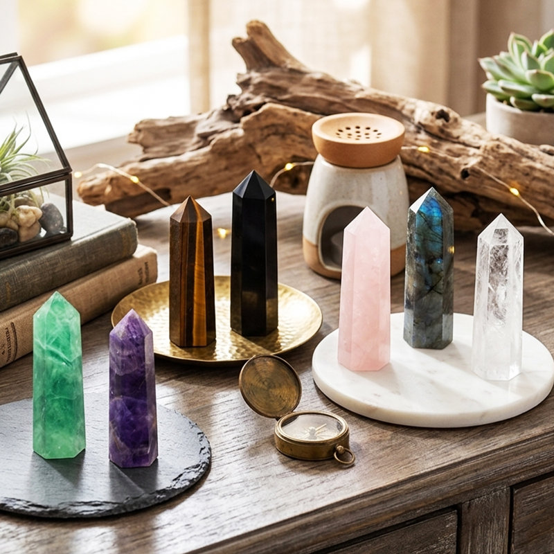  Ensemble de piliers en cristal de chakra multi-pierres précieuses naturelles de 1,97 pouce 7 pièces - Décoration de table de tour hexagonale polie à la main et décoration de maison