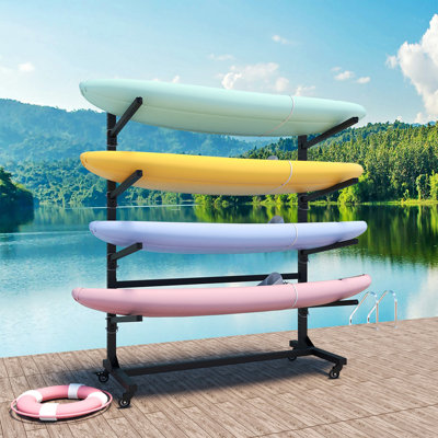 80''H Freestanding Kayak Storage Rack – Holds 4 Kayaks, Heavy-Duty Adjustable Stand with Lockable Wheels for Kayak, Canoe, SUP & Surfboard, 45.87"W*28.94"D*80"H