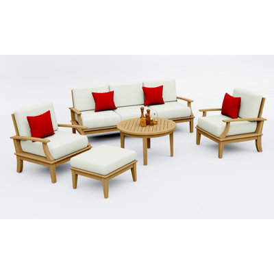 Ensemble de canapé en bois de teck 5 pièces Teakstation: canapé, 2 chaises longues, repose-pieds et table basse ronde avec coussins en tissu extérieur Sunbrella # 5404