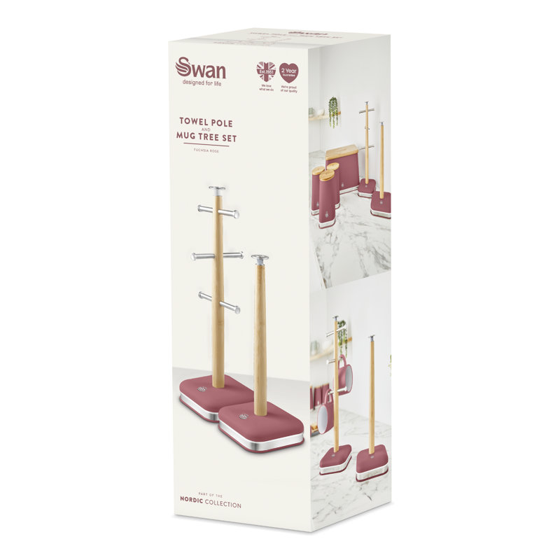 Swan Nordic Towel Pole and 6 Cup Mug Tree Set with Soft Touch Finish, Stainless Steel Accents and Non-Slip Acacia Wood Bases