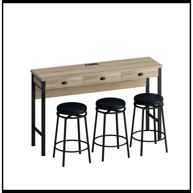 Ensemble de table de salle à manger 3 tiroirs avec prises de courant, ensemble de table de bar avec tabourets circulaires en polyuréthane