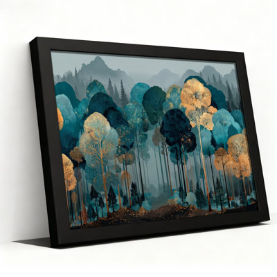 Toile noire encadrée en bois noir pour salon, chambre à coucher, bureau ou vestibule - décoration murale décorative avec paysage forestier
