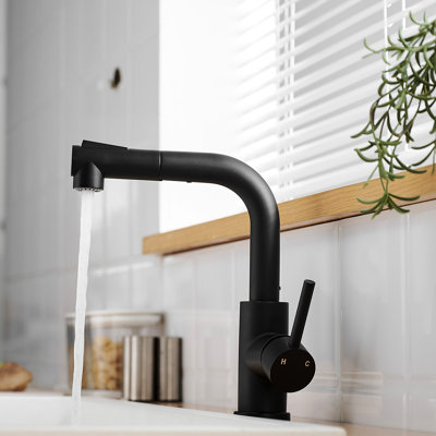 Robinet d'évier de cuisine moderne noir avec douchette escamotable - Acier inoxydable, pivotant sur 360 ° pour salle de bain et rembourrage contemporain en céramique, poignée simple