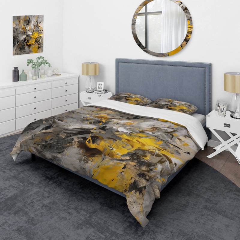 Mustard Yellow And Vivid Grey III - Abstract Duvet Cover Set, King Duvet Cover + 2 King Shams