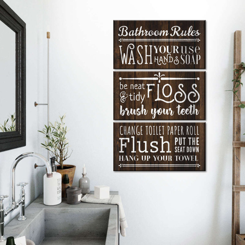 " Rustic Bathroom Rules Multi Piece Canvas Print " by HomeyNotes Studio 3 - Pieces, 14" H x 23" W x 1" D
