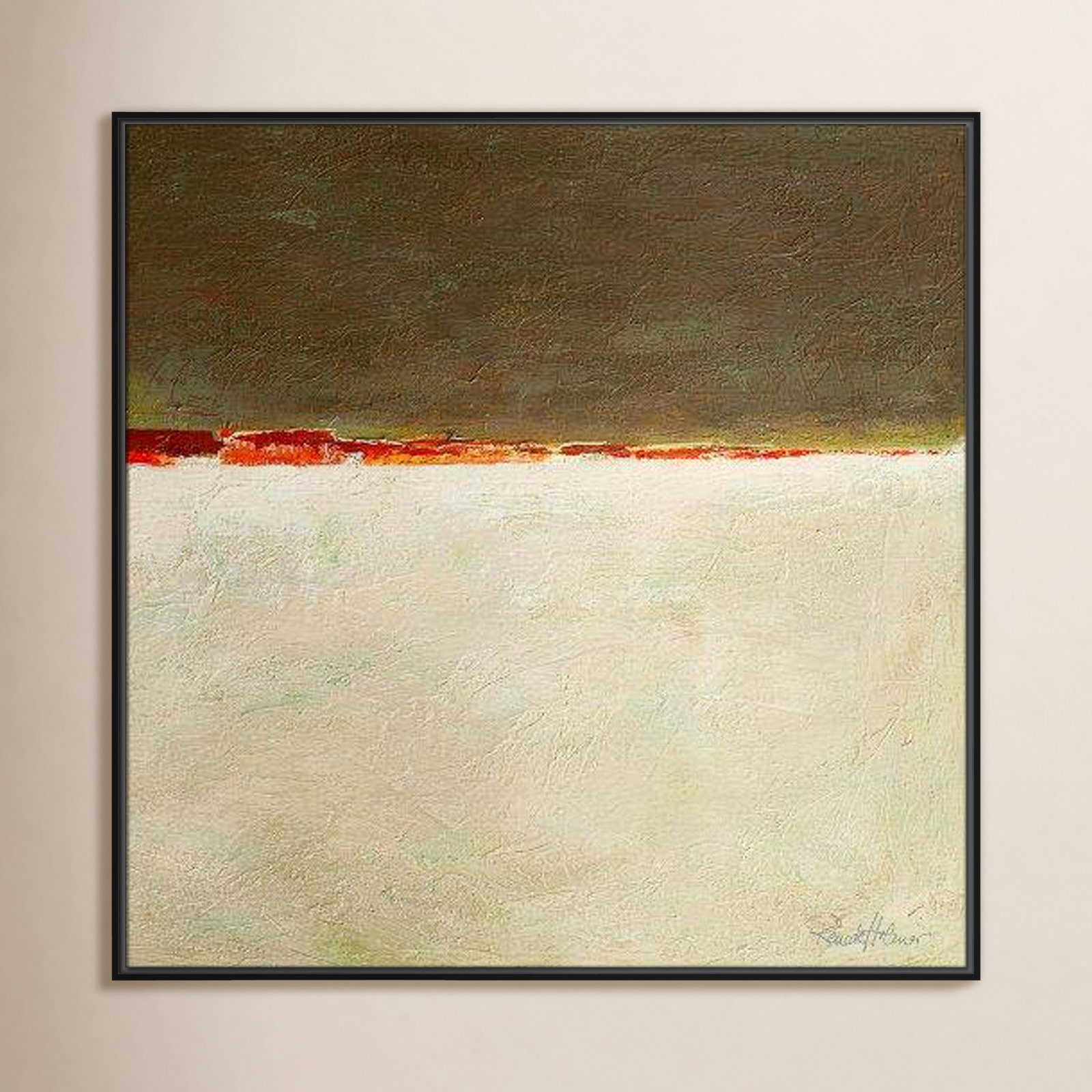 Orange Horizon I by Renate Holzner, 37.5'' H x 37.5'' W x 2'' D, Black Framed