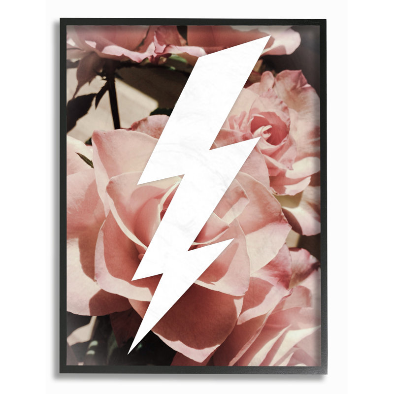 Impression graphique éclair et roses, H 14 po x l 11 po, Giclée encadrée noir minuit