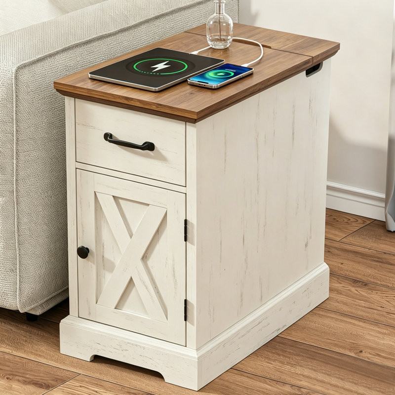 Farmhouse End Table With Built-In Outlets & Adjustable Shelves, Natural/Rustic White