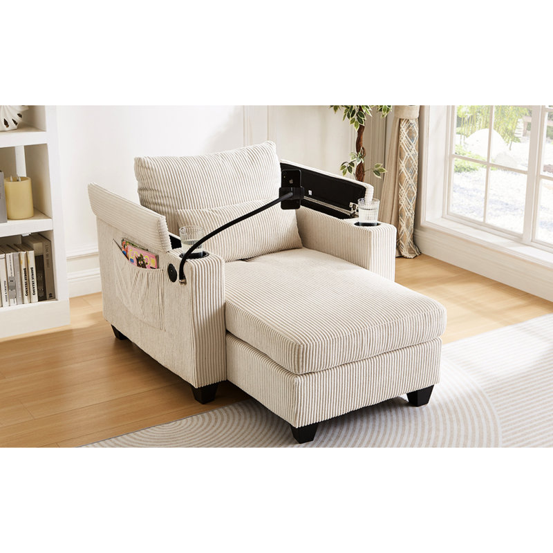 Chaise en velours côtelé beige avec porte-gobelets, compartiments de rangement et organisateurs latéraux multifonctionnels pour petits espaces