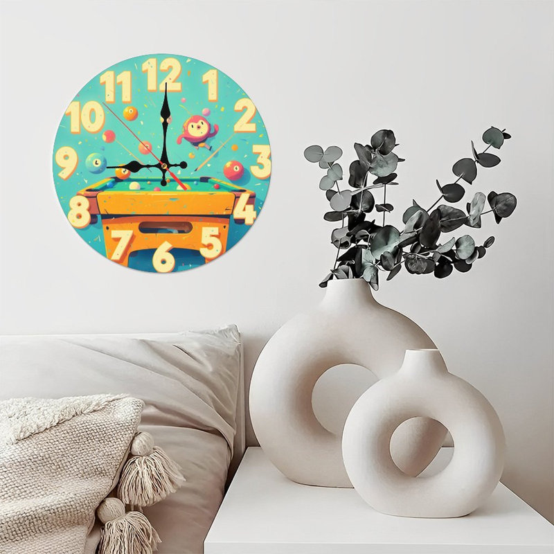 Horloge, billard, piscine, personnage mignon