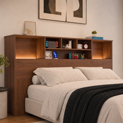 Bookcase Headboard with Charging Station, Upgraded 3-Color LED Lighting with Rotary Knob Control, Available in King Size
