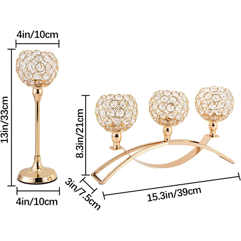 Set of 3 Gold Crystal Candle Tealight Holders , Wedding Table Centerpiece for Living Room & Fireplace Decor