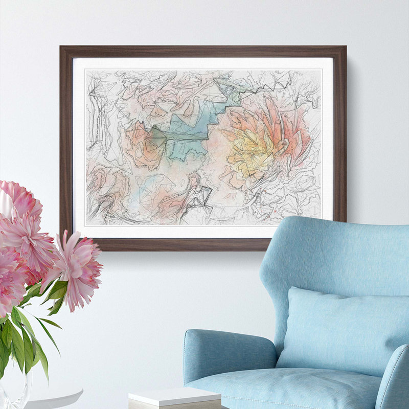 Pale Pink Dahlia Flowers in Bloom in Abstract - Picture Frame Drawing Print, 27cm H x 36cm W x 2cm D, Walnut Framed