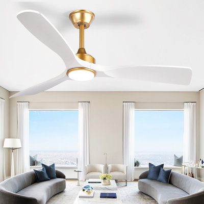Ventilateur de plafond 52 po blanc / or moderne pour l'intérieur et l'extérieur pour patio avec lumière et télécommande 6 vitesses