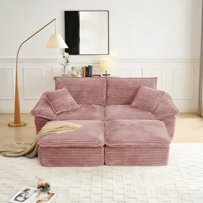 Boneless Fluffy Corduroy Compression Couch With Ottoman, Compressed Loveseat With Deep Seat, Convertible Sofa Bed For Appartment