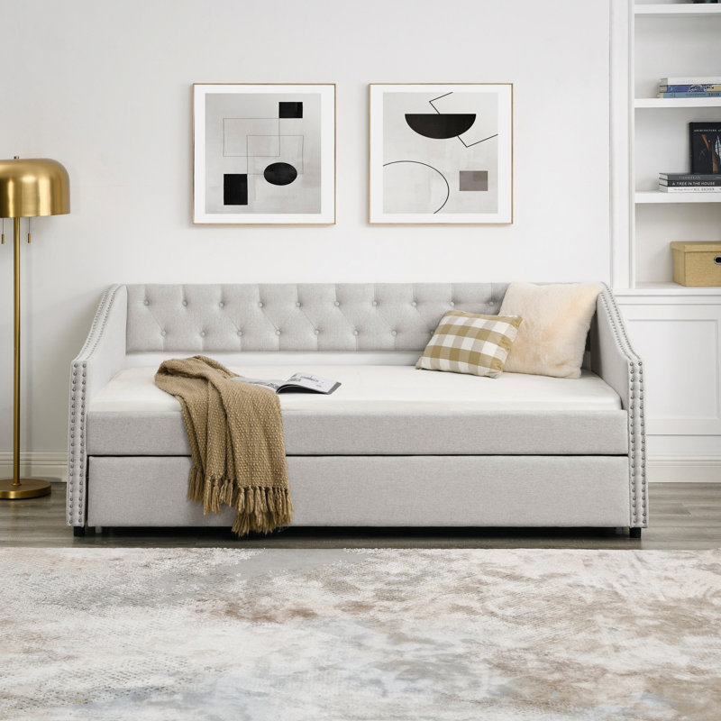Daybed With Trundle, Upholstered Tufted Sofa Bed For Home, Beige, Twin