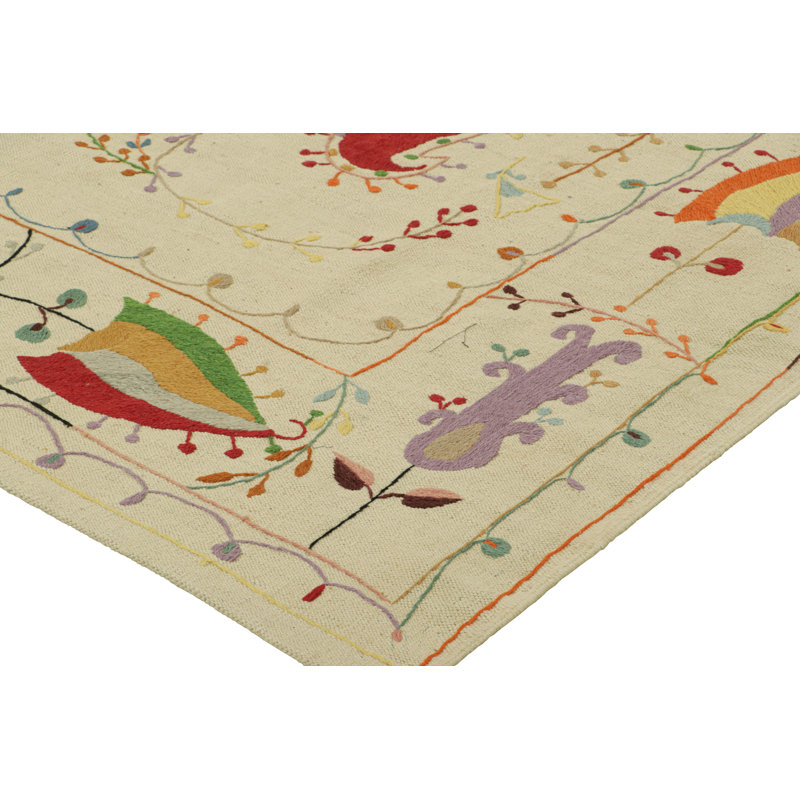 Rug & Kilim’S Suzani Style Kilim In Cream With Polychrome Paisleys And Florals