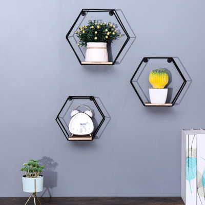 Hexagonal Wall Mounted Storage Shelves, Modern Metal And Wood Rack For Various Spaces, Easy To Install Beautify Of 3 Floating Rustic Style Bedroom Office Decor, Simple Design With