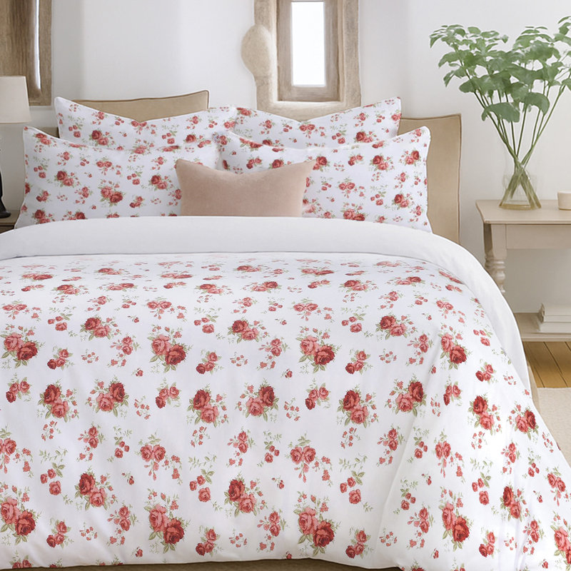 Delicate Florence Blue Floral Printed Duvet Set, Red, Single Duvet Cover