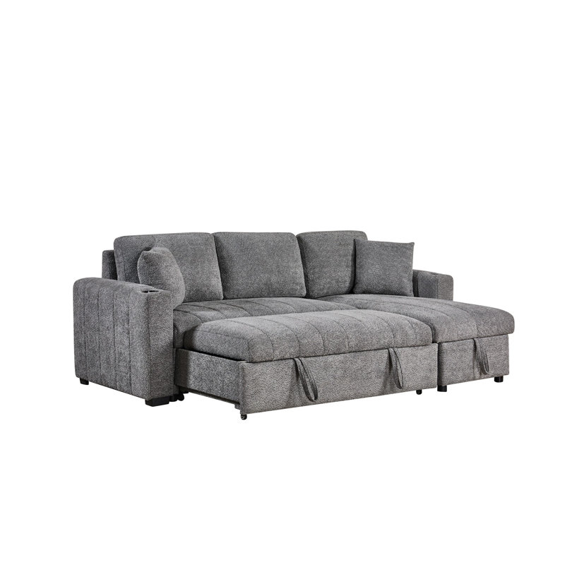 Canapé-lit modulaire réversible en tissu gris de 96 po Noemi II avec méridienne de rangement, porte-gobelets, port de chargement USB et coussins décoratifs